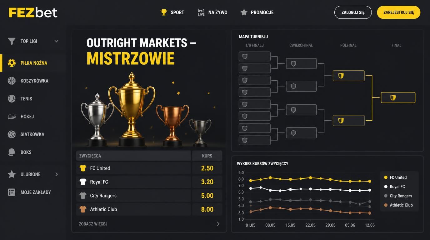 Trophies, mapa turnieju, wykres kursów na zwycięzców, tekst Outright Markets – Mistrzowie
