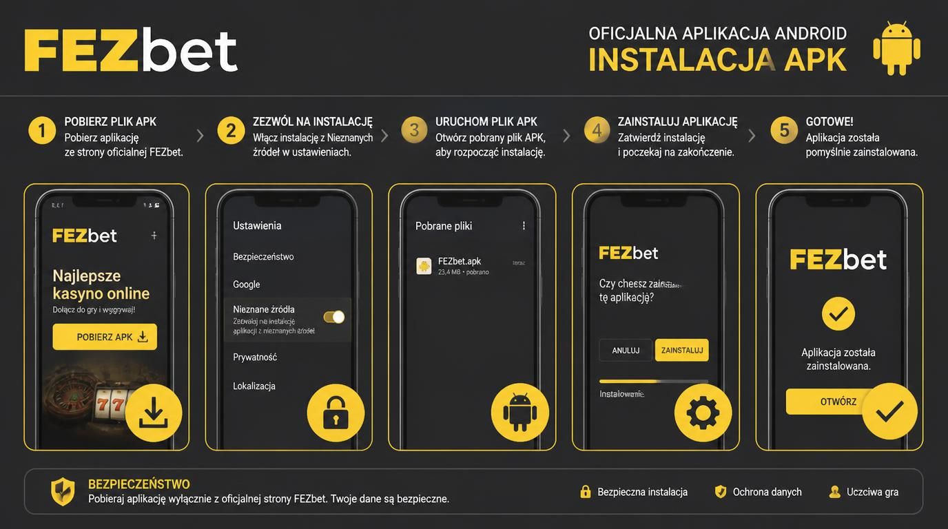 Telefon z Androidem instalującym apk Fezbet, powiadomienie "Nieznane źródła", ikona Androida, zabezpieczenie