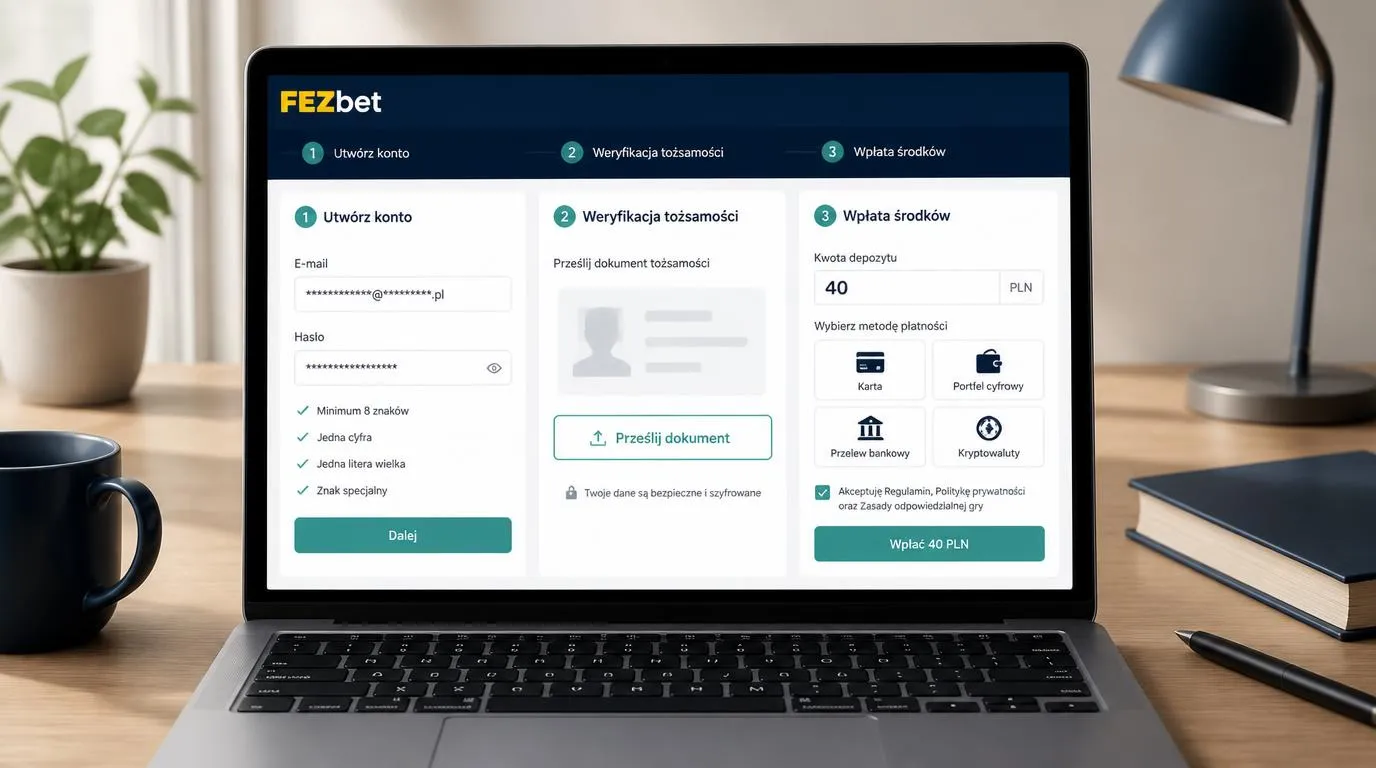 Panel rejestracji, weryfikacji tożsamości i wpłaty 40 PLN z wyborem metody płatności