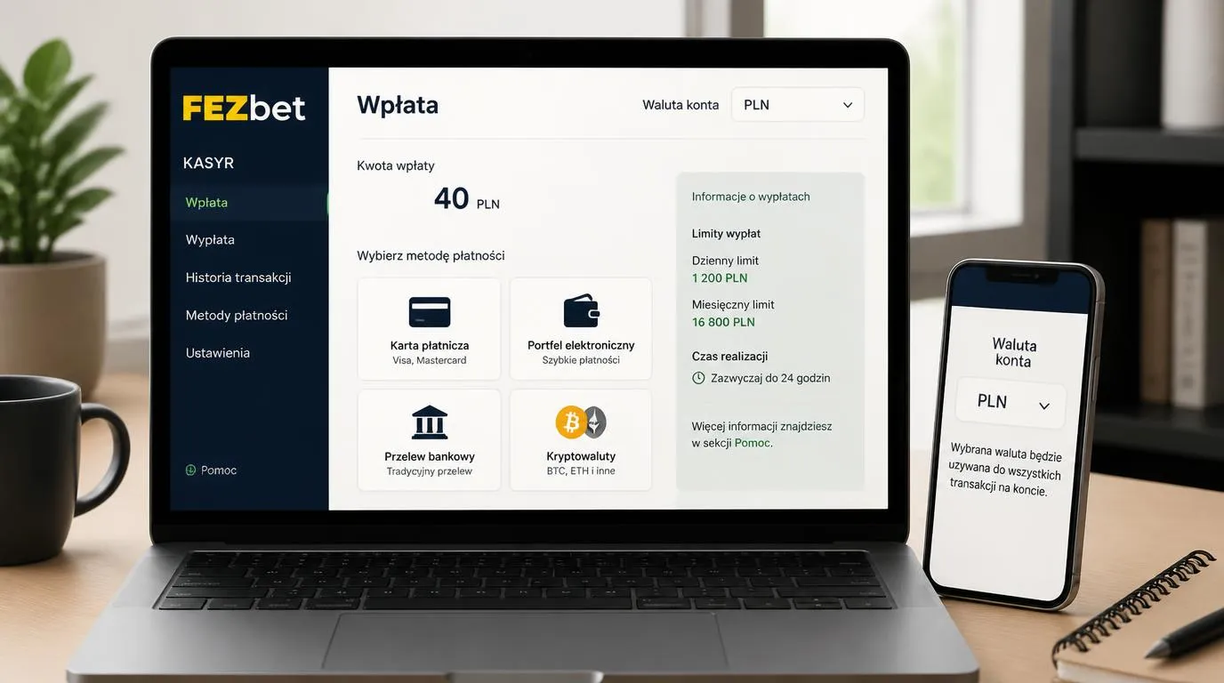 Panel kasy kasyna z saldem w PLN, minimalną wpłatą 40 PLN i wyborem metod płatności