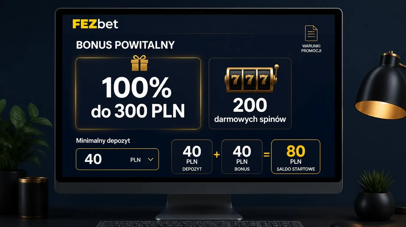 Panel bonusu powitalnego z dopłatą 100% do 300 PLN, 200 darmowymi spinami i minimalnym depozytem 40 PLN